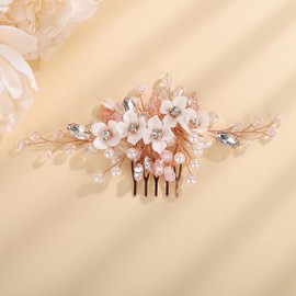 Teyglen Wedding Flower Hair Comb Rose Gold Pearl Crystal Hair Piece Bridal Flower Headpiece for Bride Leaf Wedding Hair Comb Floral Hair Accessories for Women