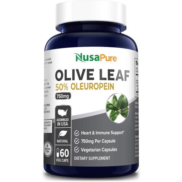 Olive Leaf Extract 750 mg 50% Oleuropein (Non-GMO & Gluten-Free) - Vegan - Super Strength - Immune Support, Cardiovascular Health & Antioxidant Support* - No Oil - 60 Capsules