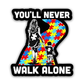 You Will Never Walk Alone Autism Mom Vinyl Waterproof Sticker 5x5 Inches Autism Awareness Stickers Family Car Decals for Car Bumper Truck Window Men Women Bikes Laptop Wall