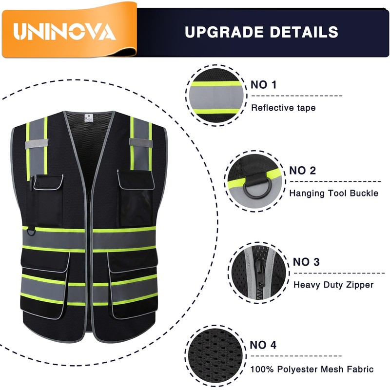 UNINOVA High Visibility Safety Vest - Multi Pockets Reflective Mesh
