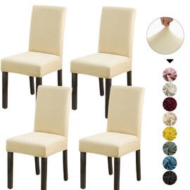 Qubjus Dining Room Chair Covers, Chair Covers Sets of 4 Kitchen Chair Slipcovers Stretch Washable Decorative Seat Protector, Beige