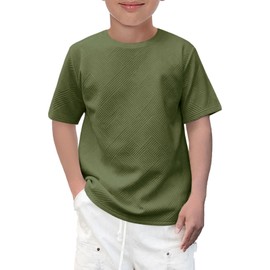 Haloumoning Boys Geometric Texture T-Shirts Kids Fashion Crewneck Short Sleeve Loose Tops Tees 5-14 Years Army Green