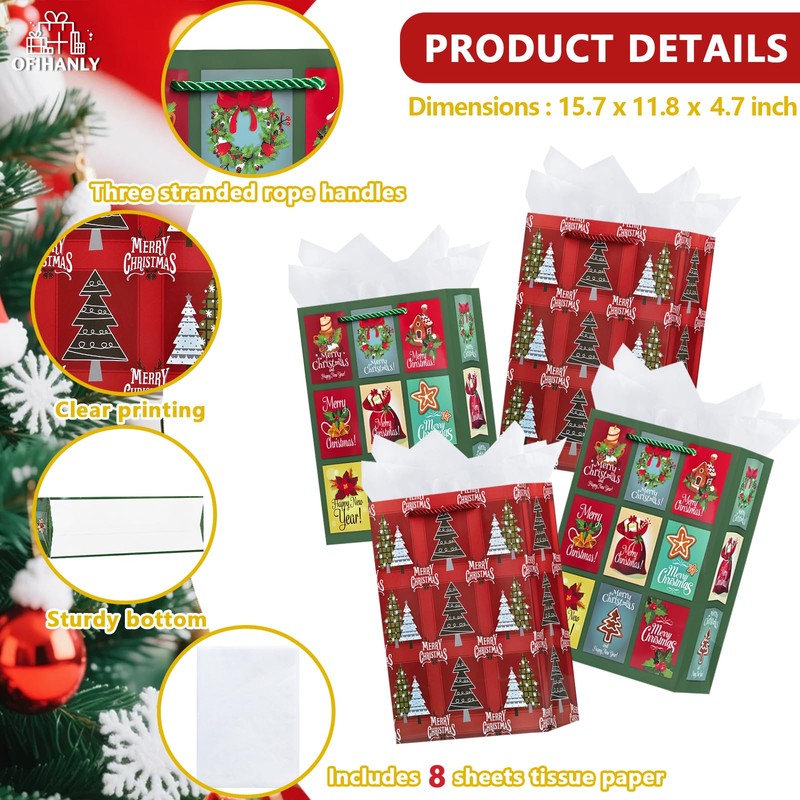 OFIHANLY 4 Pack 15.7" Large Size Merry Christmas Gift Bags