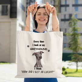 URLLUAE Greyhound Dog Tote Bag, Greyhound Gifts for Lovers Women Canvas Tote Bag, Dog Mom Owners Gifts for Lovers Women, How Did I Get So Lucky Puppy Reusable Grocery Bag Shopping Bags