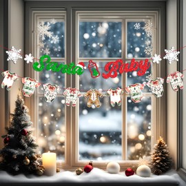 Christmas Santa Baby Banner Set, Santa Baby Glitter Text with Onesie Garland, Red and Green Winter Holiday Christmas Baby Shower Decoration