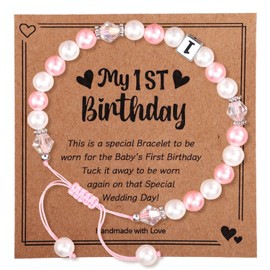 Onperpoe 1st Birthday Gifts for Girls Adjustable Pink White Pearl Bracelet for 1 Year Old Girl Daughter Pink Natural Stone Bracelet Granddaughter Niece First Birthday Gifts for Girls With Message Card