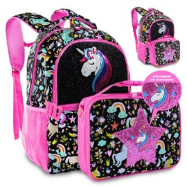 Decorably 2pc Set Sequined Glittery Unicorn Backpack with Lunch Box with Star Patch, Multi-Compartment Unicorn Bookbag for Girls 4-6 with Lunch Bag