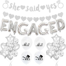 Engagement Party Decorations,Engaged Decorations,Engaged Banner, Silver Engagement Banner with Balloons, Romantic Supplies for Celebration, Bridal Party Decor, Proposal Decorations
