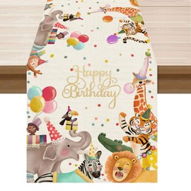 BOTB LIHM Happy Birthday Animal Party Balloons Table Runner Burlap Table Decoration for Home Kitchen Dining Dinner Indoor Holiday Party Farmhouse Decor 13x36 Inch