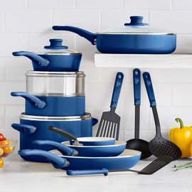 GreenLife Soft Grip Healthy Ceramic Nonstick, 16 Piece Cookware Pots and Pans Set, PFAS-Free, Dishwasher Safe, Blue