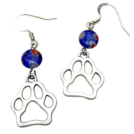 Silver Tone Open Cutout Paw Print Earrings with Millefiori Coin Glass Bead,Cat Dog Animal Lover Gift