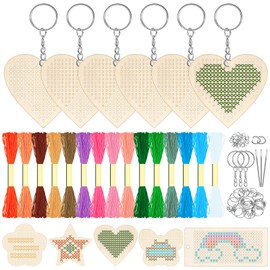 Glarks 64pcs Heart Wooden Cross Stitch Kit, Wood Cross Stitching Keyrings, Craft Cross Stitch Wood Kit, Wooden Threading Kits for Decoration Supplies Art Craft