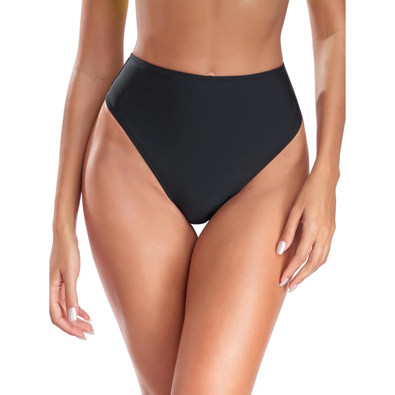 RELLECIGA Women's Black High Waisted High Cut Thong Bikini Bottom