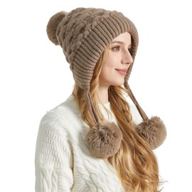 FEOYA Women's Knitted Hat with 3 Pompom Thick Warm 2 in 1 Beanie Hat for Women Winter Cap 56-58CM Khaki