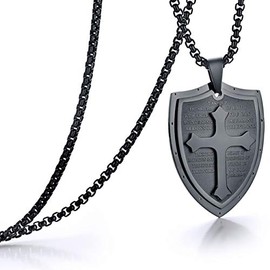 Rehoboth Mens Stainless Steel Shield Cross Pendant Necklace Shield Armor Pendant Chain 24 Inch for Women Men Black