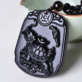 VIKCAUX Dragon Turtle Necklace Black Obsidian Animal Amulet Pendant with Adjustable Bead Chain Good Luck Charms Healing Crystal Stone Necklaces Jewelry Gift for Men Women