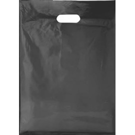 50 Pack Black Plastic Carrier Bags - 38cm x 46cm + 7cm, Patch Handle Reusable bag, Ideal for Boutiques Clothes, Jewellery, Gifts, Retail and Shopping.