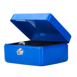 Small Cash Box with Key Lock, Decaller Portable Metal Money Box with Double Layer & 2 Keys for Security, Blue, 6 1/5" x 5" x 3", QH1502XS