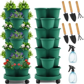Umigy 2 Set Dark Green 7 Tier Stackable Vertical Planters with Removable Wheels and Tools Tower Planters Strawberry Herb Flower Vegetable Pots Indoor Outdoor Gardening Pots