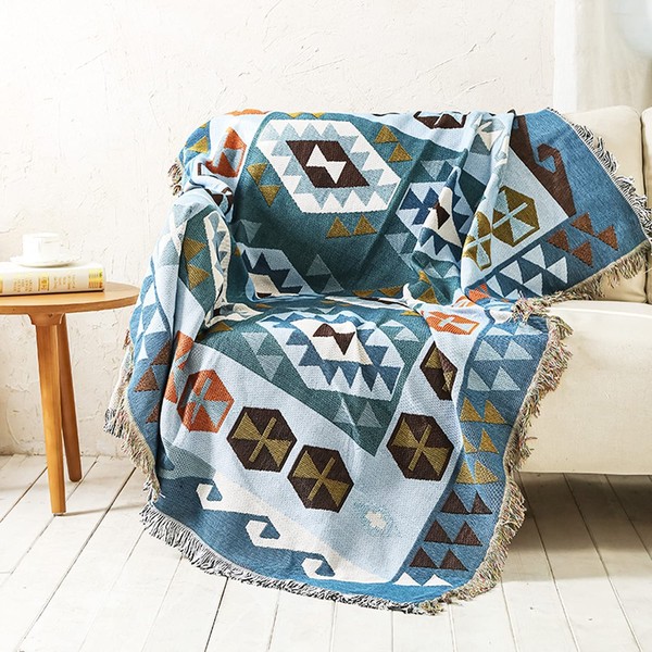 Luxlovery Aztec Sofa Throw Blankets Blue Ethnic Woven Boho Dusty Blue Color Bohemian Woven Throw Blanket for Couch Aztec Bed Throws Oversized Chair Sofa Cover with Tassels(63"x102")