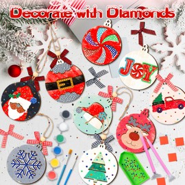 GuassLee DIY Christmas Tree Ornaments Set - Wooden Unfinished Christmas Crafts with Crystal Christmas Patterns for Kids Crafting Painting Christmas Winter New Year Party Hanging Decorations