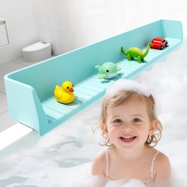Nesuny 2.64-Ft Bathtub Splash Guard with 11 Strong Suction Cups, Toy Tray Holder,Soft Silicone Splash Guard for Easy Clean & Fold, Universal for Tub, Bathroom Sink, Kitchen Sink 1 Pack (Aqua Blue)
