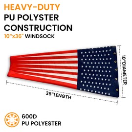 10"x36" USA Windsock | Heavy Duty Outdoor Wind Sock | Waterproof, UV Fade Resistant, Quad Stitched, Zip Ties Included | Ideal for Agriculture, Hangars, Farms | American Flag Design