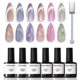 Modelones Cat Eye Gel Nail Polish, 6 Colors Pearl Magnetic Set with Magnet, Shimmer Mermaid Swirl Shell Purple Pink Blue Glitter, Summer DIY Manicure Gift for Women