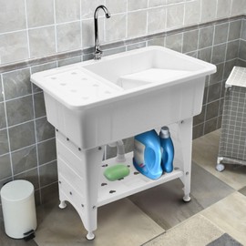 BICKKOMG Plastic Laundry Sink, Freestanding Sink Wash Station Indoor and Outdoor Utility Sink Laundry Basin for Laundry Room Heavy Duty Compact Utility Sink Utility Sink Single Bowl Kitchen Sink