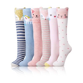 Fourluoo 6 Pairs Kids Girls Knee High Socks Long Boot Socks Kids Funny Animal Pattern Warm Cotton Socks Silly Fun Crazy Tall Socks for Winter Toddler Child Stocking Stuffers Gift, 3-12 Years