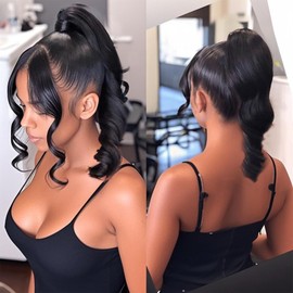 CINHOO Natural Black Ponytails for Black Women,14Inch Spiral Curl Short Drawstring Ponytail Extension for Women Synthetic Clip in Natural Hairpiece Daily Use(1B)