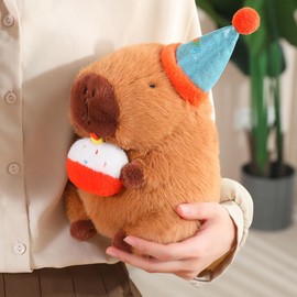 Karoeiwa Capybara Plush with Blue Birthday Hat Bow 9 inch Cute Capibara Stuffed Animal Party Decoration Soft Plushies Toys Kawaii Gifts for Kids Brown