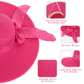 LY4U Women's Straw Hat, Summer UPF 50 Sun Hat, Wide Brim Beach Hat, Foldable Roll-Up Floppy Hats for Women, Ladies and Girls, pink-red, Unit size