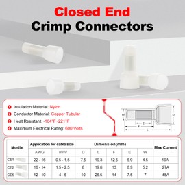 AIRIC Closed End Crimp Connectors 16-14 AWG 100 Pcs Wire Splice Caps Electrical Connector Terminals Copper Core and Nylon Wiring Cap Crimps Terminal for 16,14 Gauge Wires,(CE2)