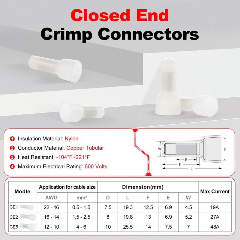 AIRIC Closed End Crimp Connectors 16-14 AWG 100 Pcs Wire