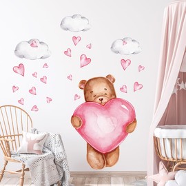 Pink Love Bear Wall Decals for Girls Room, 30x90cm Peel and Stick Wall Stickers Pink Large Heart for Kids Bedroom, Nursery Decoration