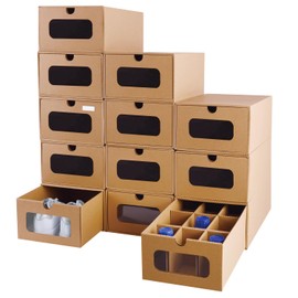 12 Pack Shoe Storage Bins, Waterproof Storage Boxes, Shoe Containers For Sneaker Display, Hat Organizer, Stack-able Cardboard Boxes, with Marking Labels, Transparent Window(13.2'' x 8.3'' x 5.1'')