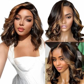 Bob Wig Human Hair Glueless 13x6 HD Lace Frontal Wigs Pre Plucked With Baby Hair 200% Density Ombre 1b/30 Highlight Body Wave Lace Front Wigs Human Hair Colored Short Bob Wigs for Women Wavy 12 Inch