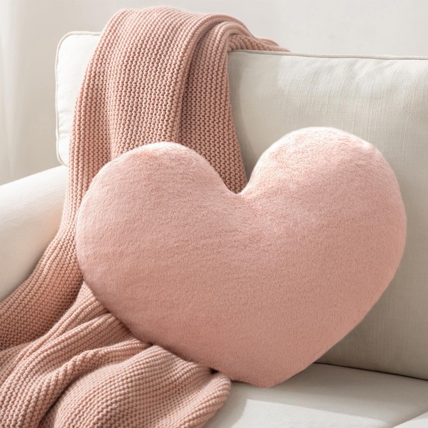 Ashler Light Pink Heart Shaped Throw Pillows, Faux Fur Rabbit