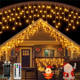 Hopexy Icicle Outdoor Christmas Lights, 216 LEDs 7.3m Waterproof Connectable Outside Fairy Light Mains Powered, Warm White Hanging String Light Plug in, for House Roof Porch Gutter Xmas Decorations