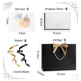 Black Gift Bag for Present, 3pcs Black Present Bags with 6 Ribbons 6 Tissue Papers and 3 Cards, Gift Bags for Men Birthday Valentine's Day Anniversary Thanksgiving 27 x 10 x 21 cm