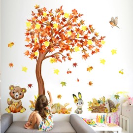 Autumn Maple Tree Wall Decals Fall Thanksgiving Wall Stickers, Peel and Stick Tree Wall Decal Gold Stamping Pumpkin Woodland Animals Walls Decor for Classroom Party Supplies