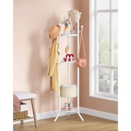 Hoctieon Coat Rack Freestanding, Round Coat Rack with 3 Wooden Shelves and 1 Fabric Basket, Metal Clothes Tree with 5 Hooks, Coat Hanger Stand for Clothes, Hats, Bags, White