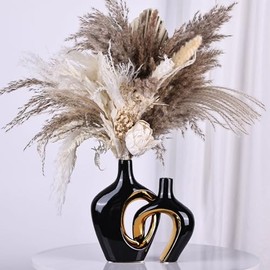 Juego de 2 jarrones de cerámica huecos en negro y dorado, estilo nórdico moderno bohemio ins estético decorativo para decoración del hogar, boda, sala de estar, dormitorio, mesa de comedor, estante