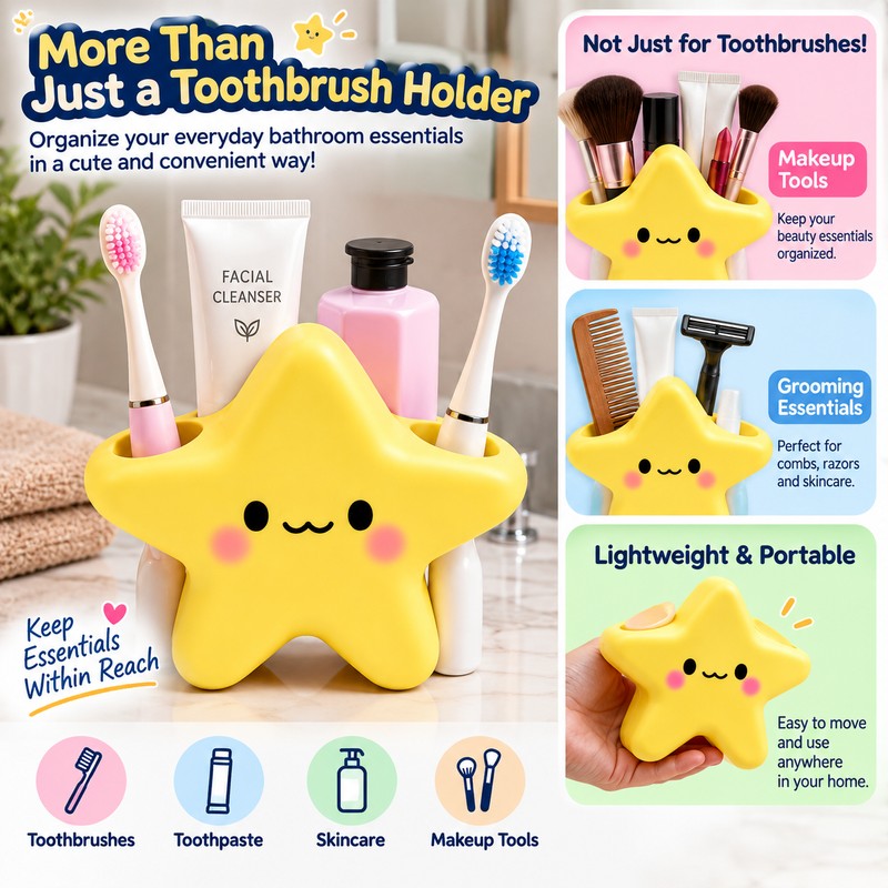 Star-Shaped Toothbrush Holder for Bathroom Organization – Cute Face Design