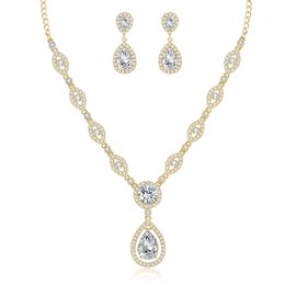 wynn's Wedding Jewellery Set for Women, Silver Necklace Dangle Earrings Set, Yellow Gold Bridal Jewellery Set with White AAAAA Cubic Zirconia, Allergy Free Party Jewellery Set for Bridal Bridesmaid