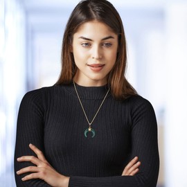 COAI Women's Moon Pendant Made of Gemstones Necklace, Green Agate, Green Agate