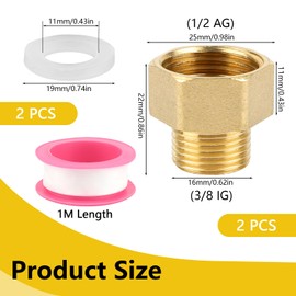 2 Pieces Reducer 1/2 to 3/8, Brass 1/2 Inch to 3/8 Inch Adapter, Reducing Nipple 3/8 to 1/2 with 2 Rubber Seal and Paper Raw Tape, Tap Extension for Pipe Connections