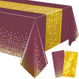 Tablecloth and Sequin Table Runner Set Polka Dots Confetti Table Cover Dining Plastic Table Cloths Glitter Decorations for Birthday Wedding Anniversary Party Supplies (Maroon, Gold, 2 Pcs)