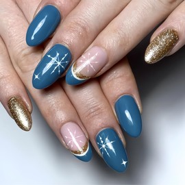 RIICFDD Christmas Press on Nails French Tip Fake Nails Medium Almond False Nails Snowflake Glue on Nails Gold Glitter Stick on Nails Full Cover Acrylic Nails for Women Nail Art 24 Pcs